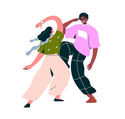 Dancing couple, happy young woman and man, disco dancers in action. Excited male and female partners. Modern characters enjoying discotheque. Flat vector illustration isolated on white background