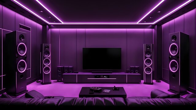 Modern home theater with purple neon lighting and black leather seating.