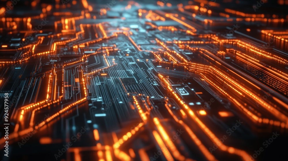 Poster Glowing Orange Circuit Board with Abstract Lines and Shapes