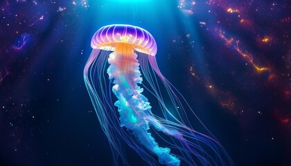 Naklejka premium Glowing jellyfish swim deep in blue sea. Medusa neon jellyfish fantasy in space cosmos among stars,jellyfish, sea, fish, water, ocean