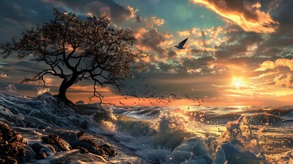 wavy beach with colorfully and painted style illustration