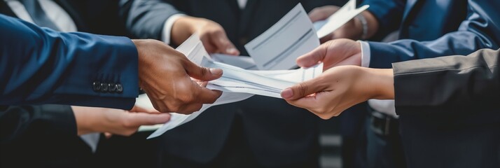 Close-up of hands exchanging documents in a professional environment, symbolizing business transactions, agreements, and formal interactions.