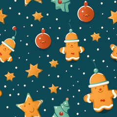 seamless, Festive Christmas Pattern with Gingerbread Men, Stars, and Ornaments on Dark Green Background