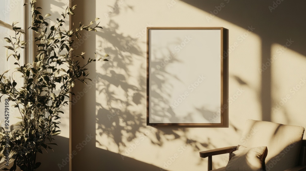 Aufkleber empty frame with natural light and shadow on a beige wall
