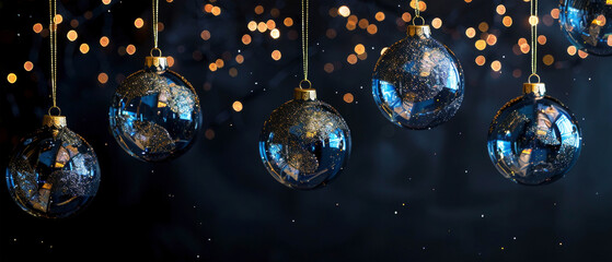 Merry Christmas celebration holiday background greeting card, hanging blue golden chrsitmas baubles balls isolated on black background with golden bokeh
