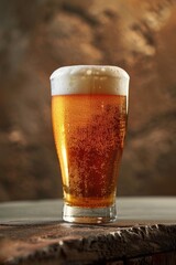 Rustic Bar with Craft Beer in Glass on Wooden Table with Lighted Bottles in Background
