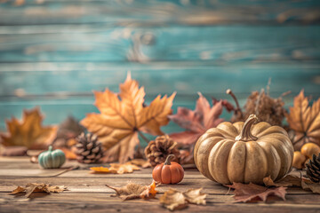 Village table adorned with pumpkins, fall leaves, berries, and pinecones gathered for Thanksgiving
