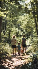 Fototapeta premium Family members walk together on a forest path surrounded by lush greenery