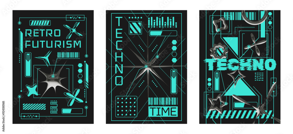 Poster set of cyberpunk posters with 3d element with chrome effect in y2k style. vector template of banner,