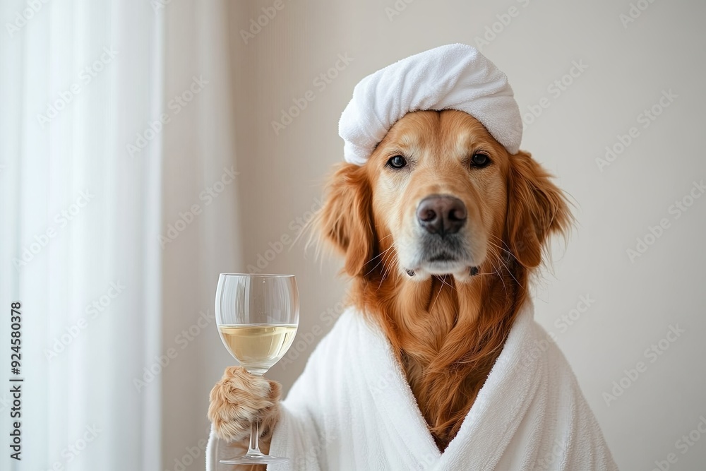 Sticker A dog is wearing a white robe and holding a wine glass