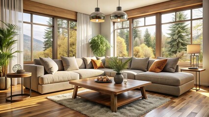 Cozy modern living room with plush sectional sofa, large window, wooden coffee table, and decorative vases, surrounded by warm neutral tones and natural light.