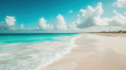 Pristine White Sand Beach with Turquoise Ocean Under a Cloudy Sky