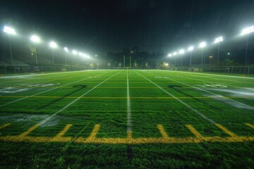 Obraz premium A football field illuminated by night lights, perfect for sports or event concepts