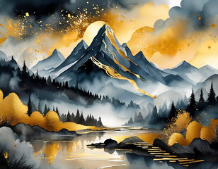 Luxury watercolor landscape with black mountain, clouds and golden glitter, asian background
