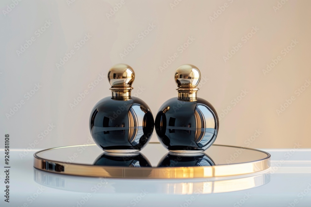 Poster a pair of dark colored bottles placed on a surface, suitable for use in still life or product photog