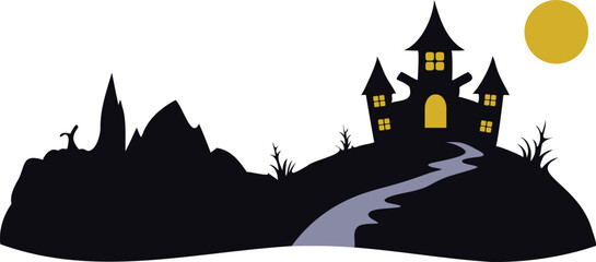 spooky halloween haunted house silhouette with full moon and winding path illustration.