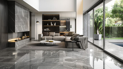 A contemporary open-concept living space with glossy, large-format porcelain tiles in a neutral grey tone, paired with modern furniture and floor-to-ceiling glass doors that lead to an outdoor patio.