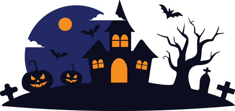 recommend clip art: halloween haunted house, jack-o-lanterns, full moon, bats and graveyard silhouette vector illustration.
