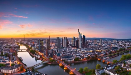 High resolution aerial panoramic view of Frankfurt, Germany after sunset.city, night, panorama, skyline, architecture, cityscape, building, view, river, landscape, sky, town, water, urban