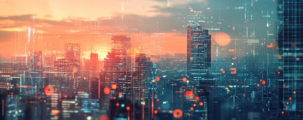 Fototapeta premium Urban AI Recognition: Futuristic Cityscape with Digital Signature Buildings