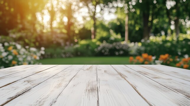 Sunlit wooden table with a blurred garden background, perfect for spring or summer product displays. The clean, bright environment features lush greenery and blooming flowers.