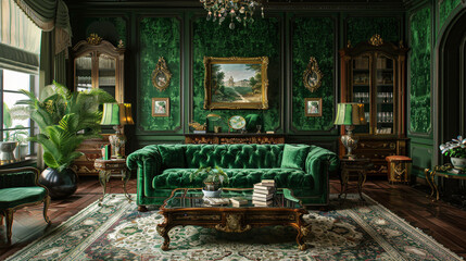 Fototapeta premium A grand living area adorned with emerald green Damask wallpaper and a deep green velvet chesterfield sofa. The intricate patterns and lush fabrics reflect a sense of timeless opulence.