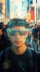 Obraz premium Futuristic Augmented Reality Glasses Scanning Faces in Urban Crowd, Overlaying Identity Data for Surveillance and Security Analysis