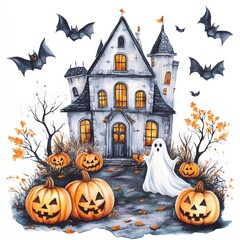 Fototapeta premium A spooky haunted house surrounded by pumpkins, ghosts, and bats, perfect for Halloween decorations and celebrations.