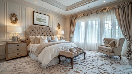 A luxurious master bedroom featuring plush, deep-pile carpeting in a soft, neutral shade, complemented by a tufted headboard, 