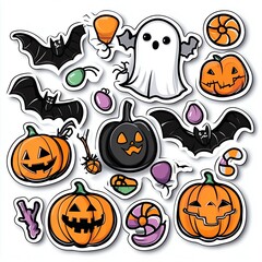 A vibrant collection of Halloween-themed stickers featuring ghosts, pumpkins, bats, and candy for festive decoration.