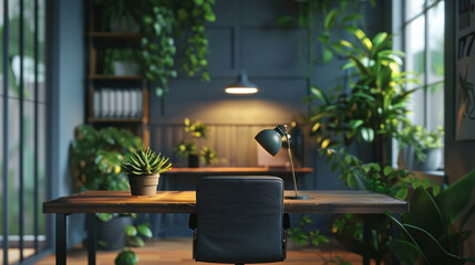 A minimalist home office featuring a dark wood desk with a sleek desk lamp and a small potted succulent. 