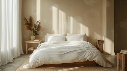 A minimalist hotel bedroom featuring a sleek bed with crisp white sheets, a modern nightstand with a few books, and a mock-up wall in the background. 