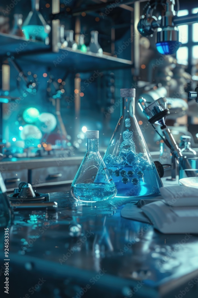 Poster a laboratory setting with a large quantity of blue liquid