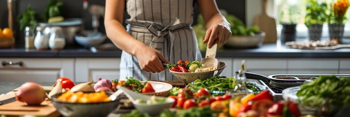 Obraz premium A person preparing a colorful salad with various fresh vegetables in a modern kitchen, highlighting the importance of nutrition and wellness.