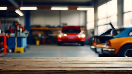 Empty wooden table and modern car repair station background. advertising mockup with table top with copy space for product display, show or present product	