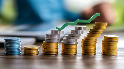 Stacks of Coins Representing Financial Growth and Success in Ecommerce Business with Rising Green Arrow