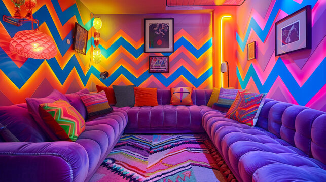 A modern lounge with Memphis Style wallpaper showcasing zigzag patterns in neon colors, matched with a retro-inspired purple velvet sofa.