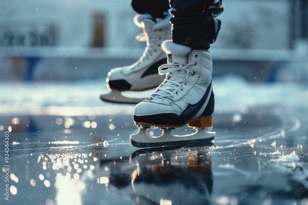 Poster close-up shot of a pair of ice skates on a wet surface