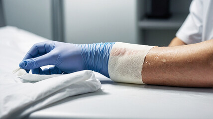 Fototapeta premium Arm with medical bandage resting on examination table, gloved hand holding gauze in clinical hospital setting