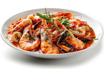 A delicious seafood dish featuring shrimp and mussels in a savory sauce.