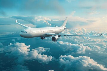 Obraz premium A commercial jet flies through the clouds with a clear blue sky below