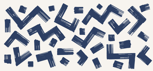 Big set of zig zag lines, triangles is made with a brush. Abstract black monochrome shapes. Memphis design retro geometric elements. Vector zig zag brush strokes, ink. Template isolated black shapes.