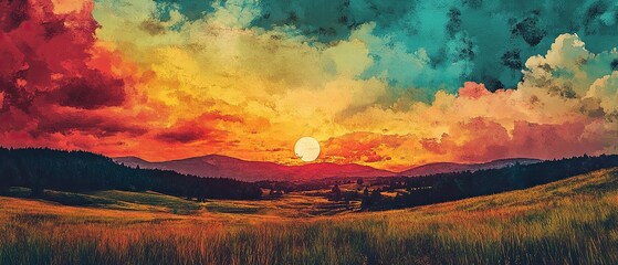 Stunning landscape art combining bold colors and soft gradients depicting tranquil meadows and dramatic skies in a vivid collage