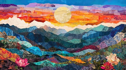 High-contrast landscape collage art showcasing vibrant colors and intricate patterns portraying dramatic coastlines and peaceful valleys in stunning detail