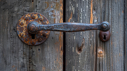 A side profile of a rustic, hand-forged iron door handle with a textured finish, mounted on a weathered wooden door. 