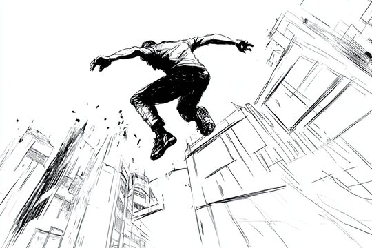 Sleek one line art of a parkour athlete leaping between buildings fluidity and skill