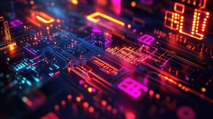 Obraz premium Abstract top view of a glowing circuit with ample copy space on the left side.