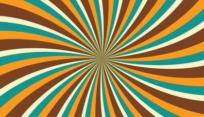 Abstract retro groovy colorful sunburst pattern striped twirl twisted 70s vintage background texture. Spiral radial vector in trendy retro psychedelic style. Acid-Etched color palettes