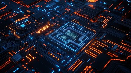 Obraz premium Abstract top view of glowing technology circuits, with ample copy space on the left.