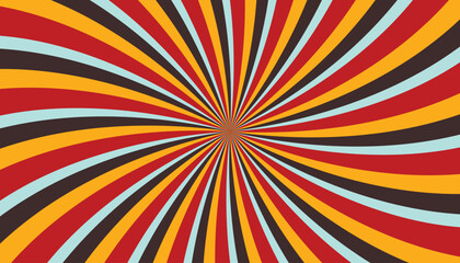 Abstract retro groovy colorful sunburst pattern striped twirl twisted 70s vintage background texture. Spiral radial vector in trendy retro psychedelic style illustration. Open Air color palettes